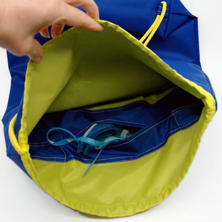swim pouch royal with yellow contrast showing inside of bag
