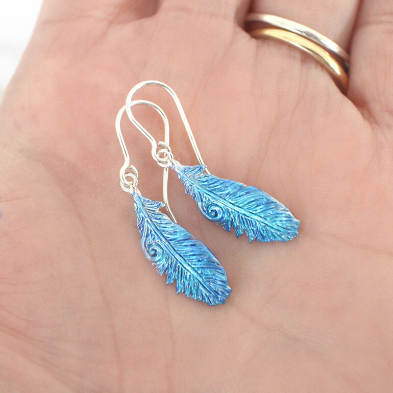 takahe blue feathers feather bird native earrings sterling silver nature