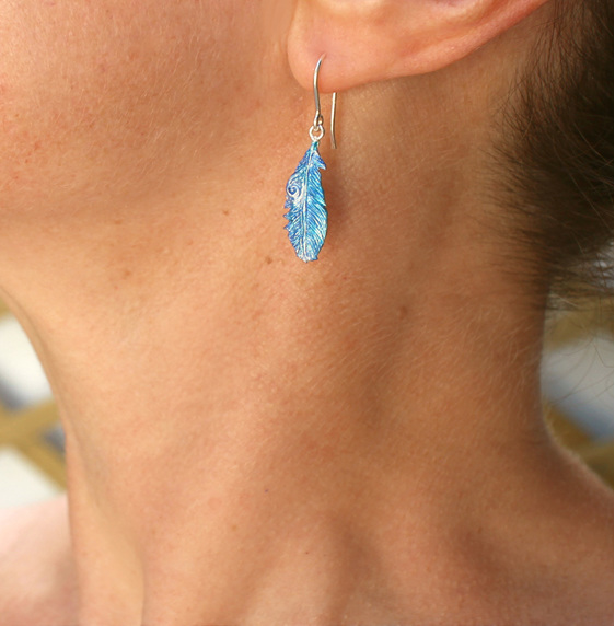 takahe feather blue bright bird native koru sterling silver earrings