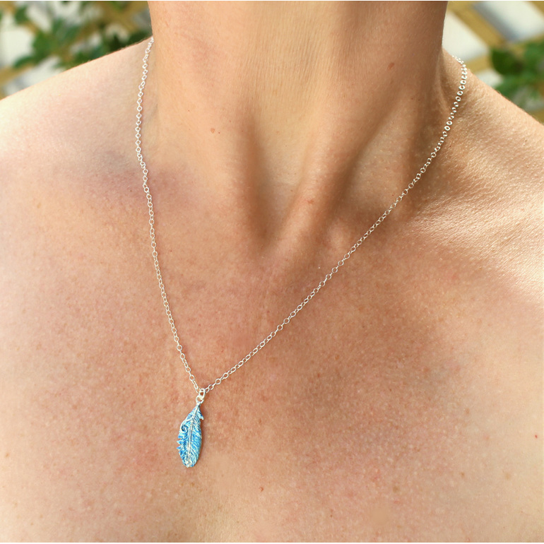 takahe feather blue bright bird native koru sterling silver necklace