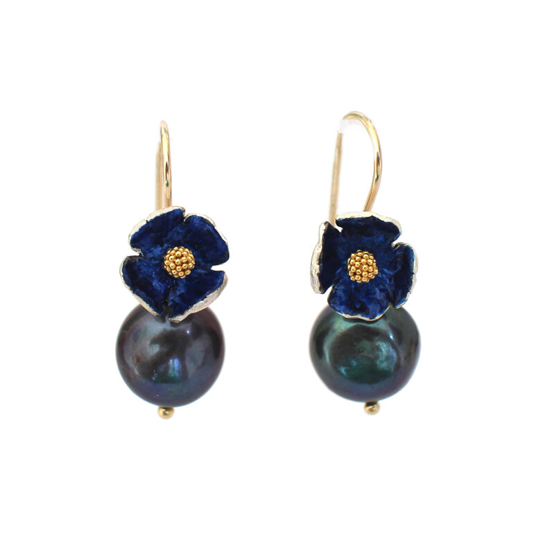 Taylor peacock pearl flower earrings lapis navy blue gold vermeil lily griffin