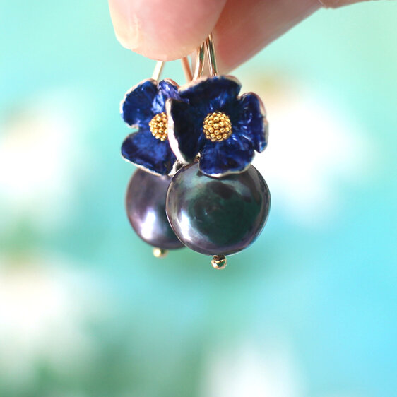 Taylor peacock pearl flower earrings lapis navy blue gold lilygriffin nz jewelry