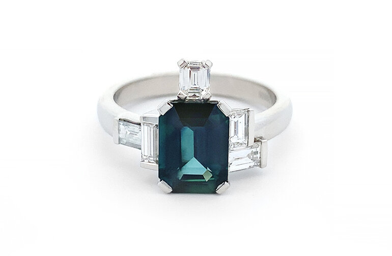 Teal Sapphire and Diamond Cluster Ring in Platinum, inspired by Piet Mondrian
