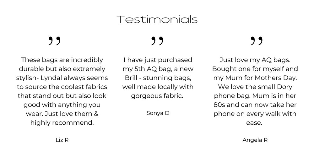 Testimonials from customers about AQ bags