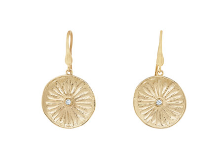 Textured Flower Diamond Disc Gold Earrings