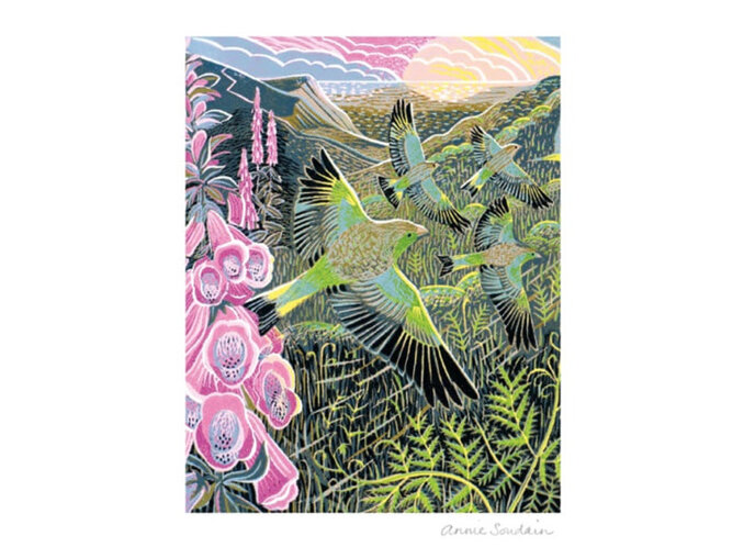 The Art of Print - Foxgloves and Finches Linocut by Annie Soudain Card