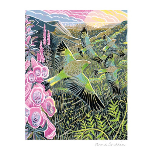 The Art of Print - Foxgloves and Finches Linocut by Annie Soudain Card