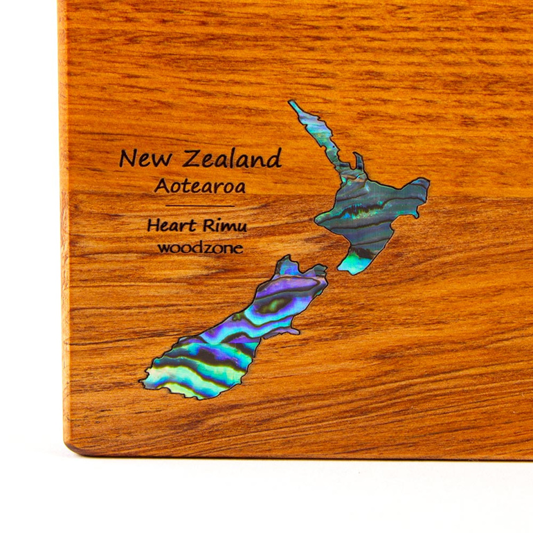 the great nz cheese board and knife set with paua nz map - heart rimu