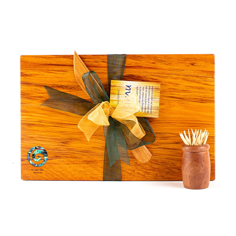 the great nz cheese board and knife set with paua koru - heart rimu