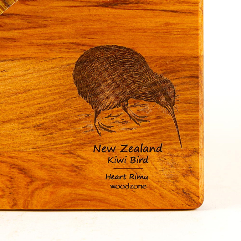the great nz cheese board with engraved kiwi bird - heart rimu - detail