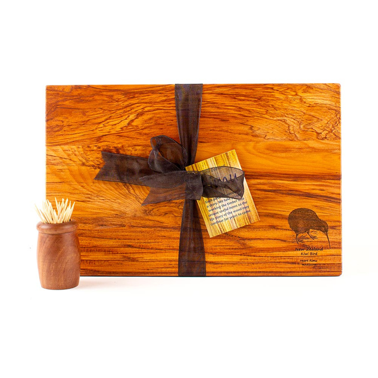 the great nz cheese board  with engraved nz kiwi bird - heart rimu