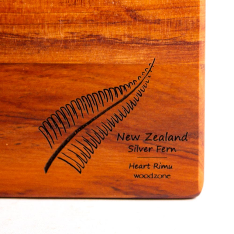 the great nz cheese board with engraved nz silver fern - heart rimu - detail