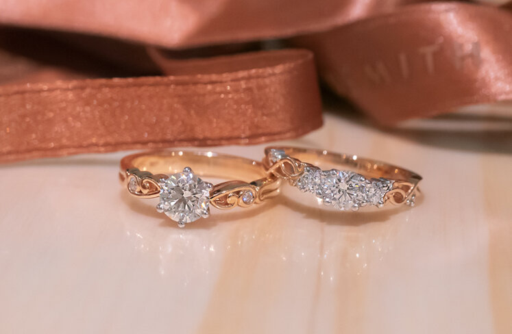 The Narrative Collection rings: Furl & Traces Three Stone (Rose Gold)