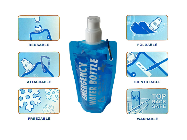The reusable Emergency Bottle which which stands like a bottle and Folds Up.