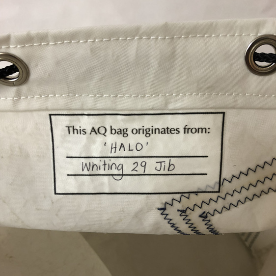 This duffle comes with a label indication origin of the sail it is made from.