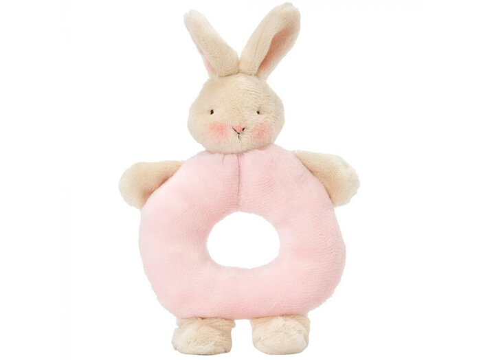This exquisitely crafted Pink Bunny Ring Rattle is a plush friend and rattle in