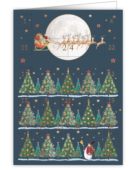 This gorgeous Advent card features 24 die-cut doors that open to reveal tiny fes