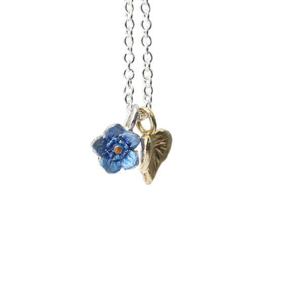 tiny blue flower forget me not solid gold heart sterling silver pendant nz