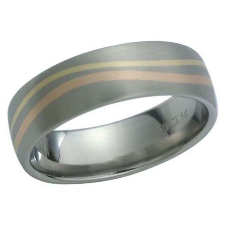 Titanium Ring with Rose and Yellow Gold Wave Inlay