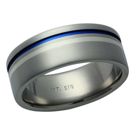 Titanium Silver Blue Groove Ring