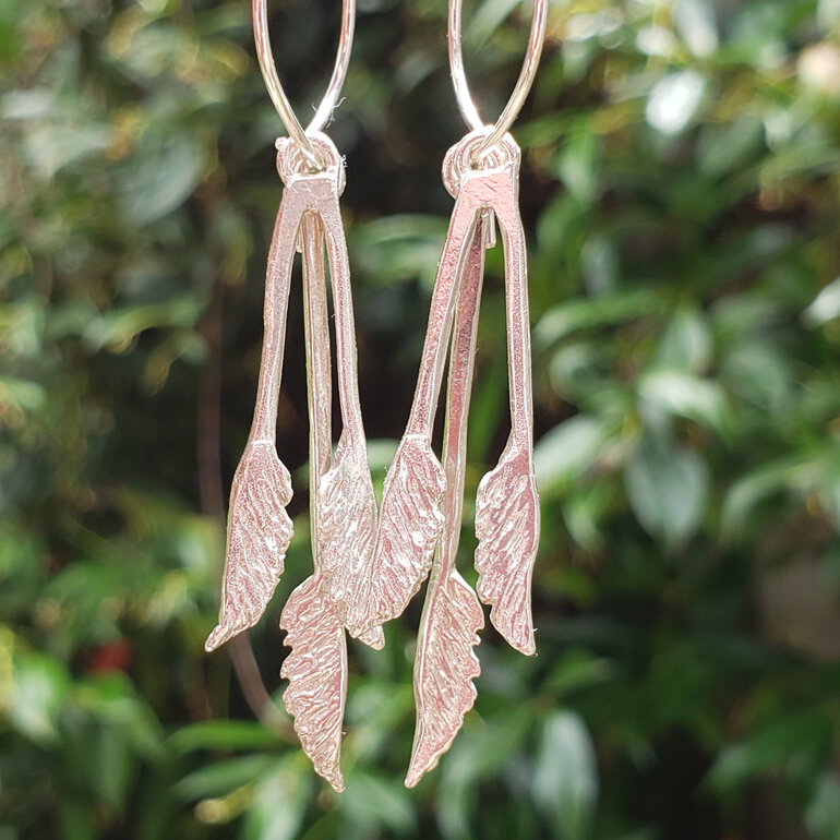 Toitoi native plant nz silver long earrings hoops lily griffin nz jewellery