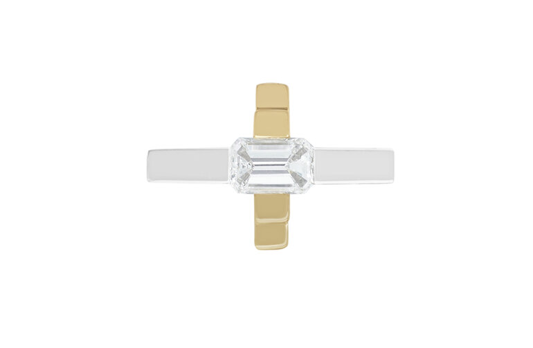 Top down view of art deco inspired modern contemporary diamond dress ring