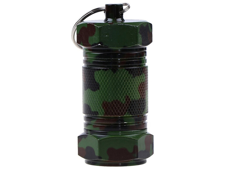 tough aluminium geocaching micro geocache, bush camo, with waterproof log sheet