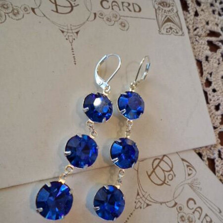 Trio of vintage sapphire blue Swarovski crystal rhinestone earrings