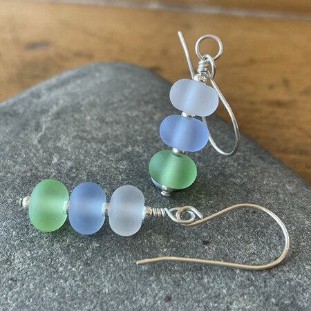 Triple drop glass earrings - clear/pale blue/pale emerald [etched]