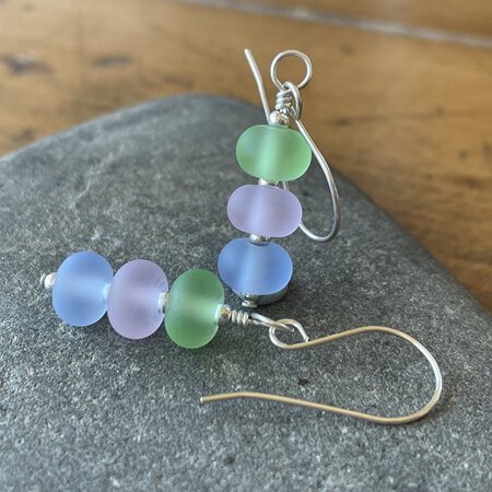 Triple drop glass earrings - Pale emerald/rose quartz/pale blue [etched]