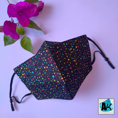 Triple Layer Face Mask - Black Glitter & Colourful Dots - Small - with Nose Gusset for Glasses