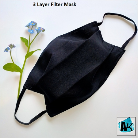 Triple Layer Face Mask - Black - Large - Side Pleated