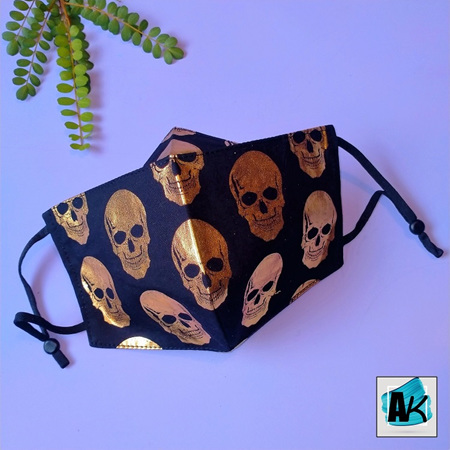 Triple Layer Face Mask - Black with Gold Skulls - Large - with Nose Gusset for Glasses