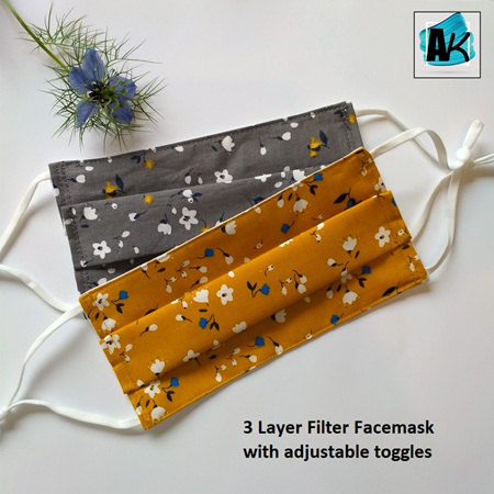 Triple Layer Face Mask - Mustard Floral - Medium - Side Pleated