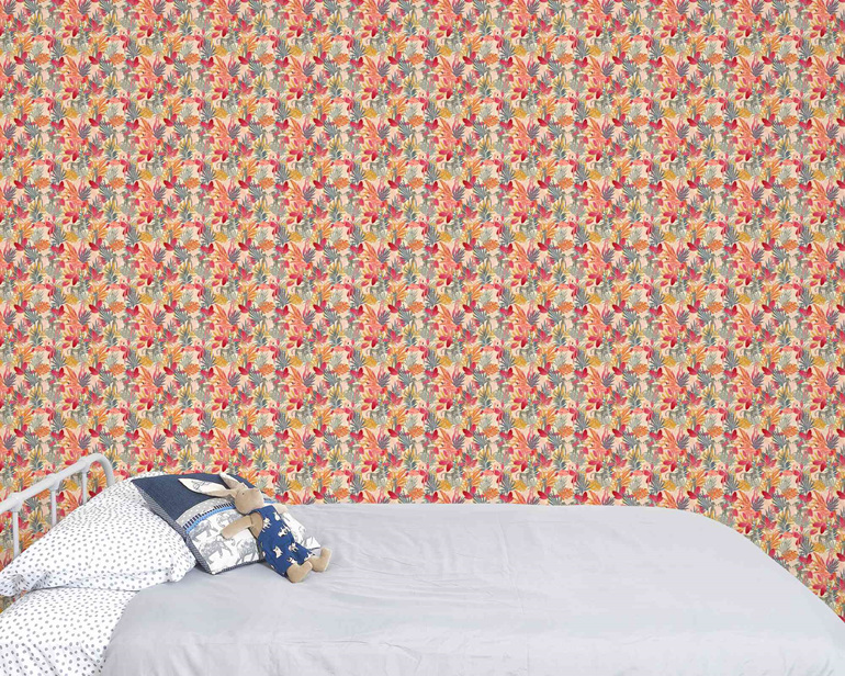 Tropical Jungle and Flamingo wallpaper pink, with bed and velveteen rabbit