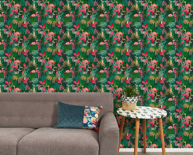 Tropical jungle wallpaper with couch, table and plant