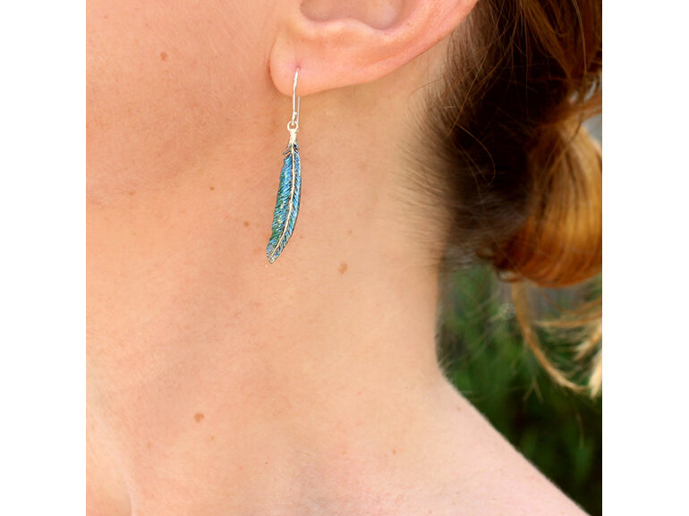 tui feather blue green irridescent long earrings dangle bird nature