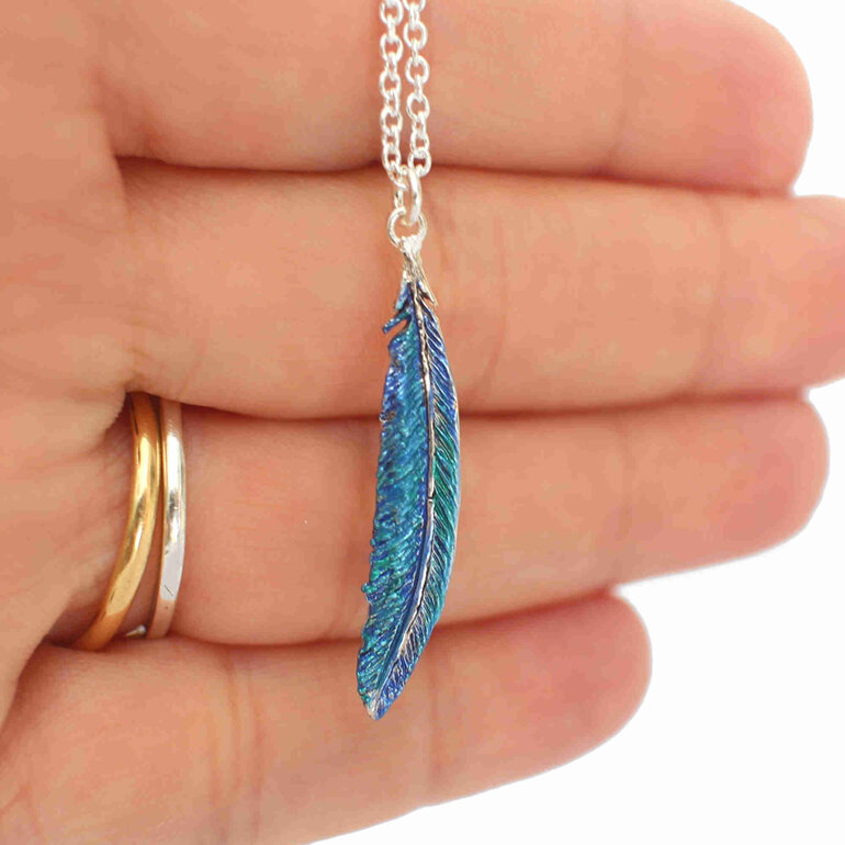 Tui Feather blue green necklace pendant sterling silver lily griffin jewellery