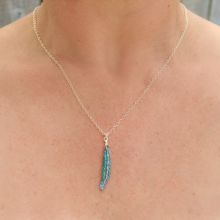 tui feather blue green pendant necklace lilygriffin jewellery nz