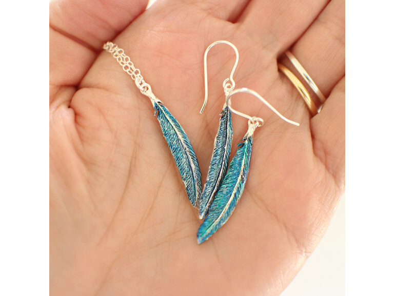 tui feather blue green sterling silver earrings bird nature teal drop