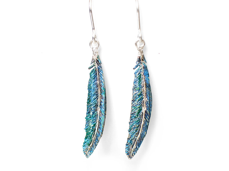 tui feather blue green sterling silver earrings bird nature teal lilygriffin