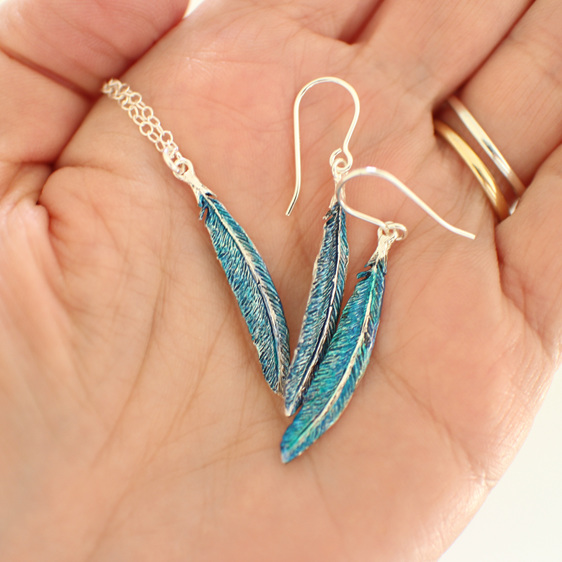 tui feather blue green sterling silver earrings bird nature teal drop