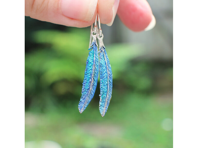 Tui feather earrings blue green bird nature sterling silver nz jewellery