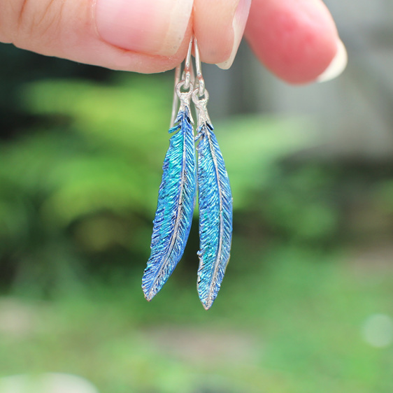 Tui feather earrings blue green bird nature sterling silver nz jewellery