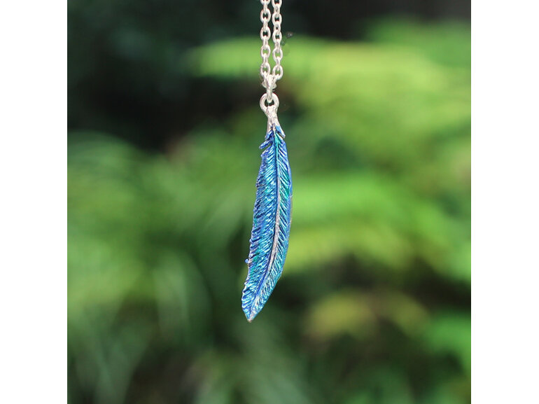 Tui feather necklace blue green bird nature sterling silver nz jewellery lily gr