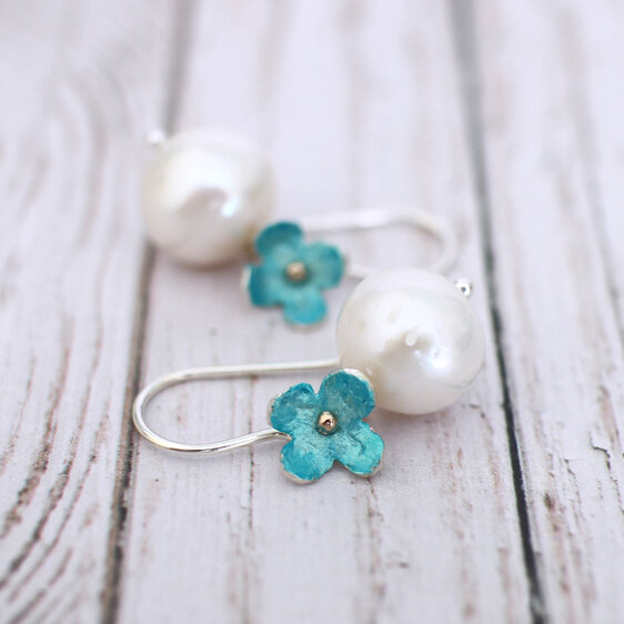 turquoise aqua puti  puti flowers pearls earrings lily griffin nz jewelry