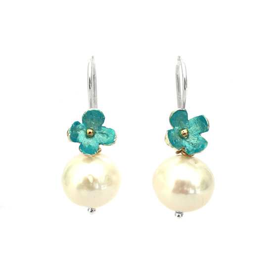 turquoise aqua putiputi flowers pearls earrings handmade nz jeweller lilygriffin
