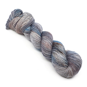 twisted skein of 4ply merino yarn in a variegated grey, turquoise blue and brown