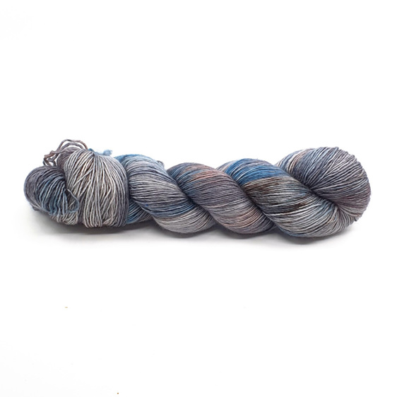 twisted skein of 4ply merino yarn in a variegated grey, turquoise blue and brown