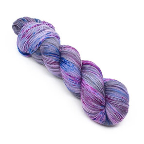 twisted skein of 4ply variegated yarn in soft greys, blues, pinks w speckles